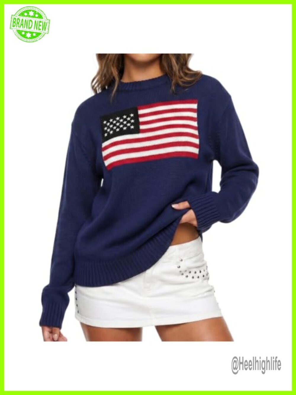 Oversized American Flag Knit Pullover Sweater Long Sleeve 100% Acrylic